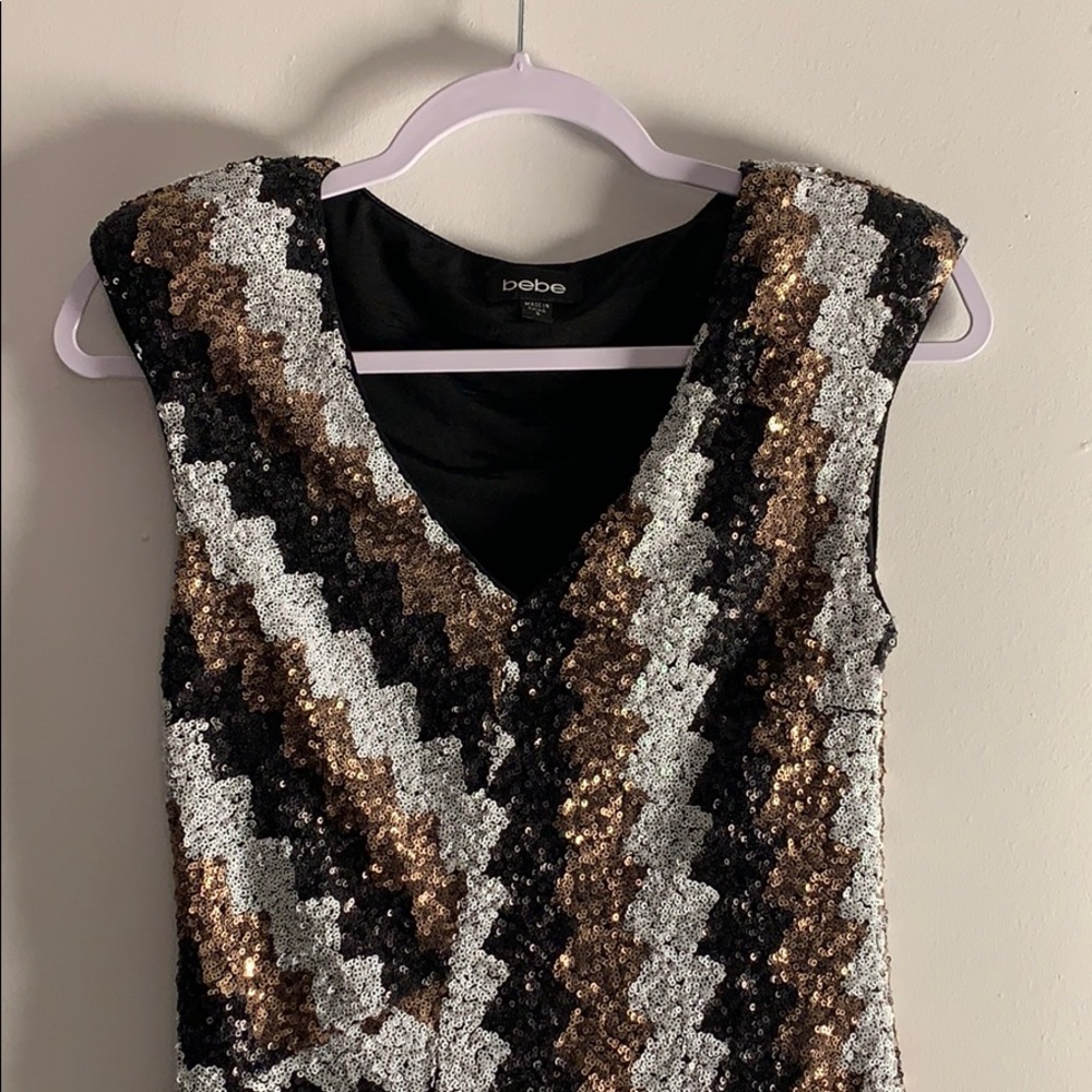 Cocktail Dress by bebe mid-thigh length, muted sequins - Copper, Black and White